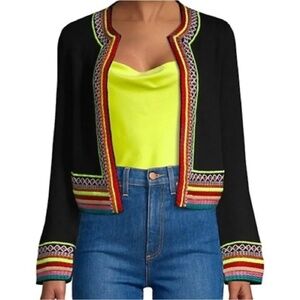 ALICE+OLIVIA Round Neck Meemee Embroidered Open Front Cropped Black Cardigan NWT